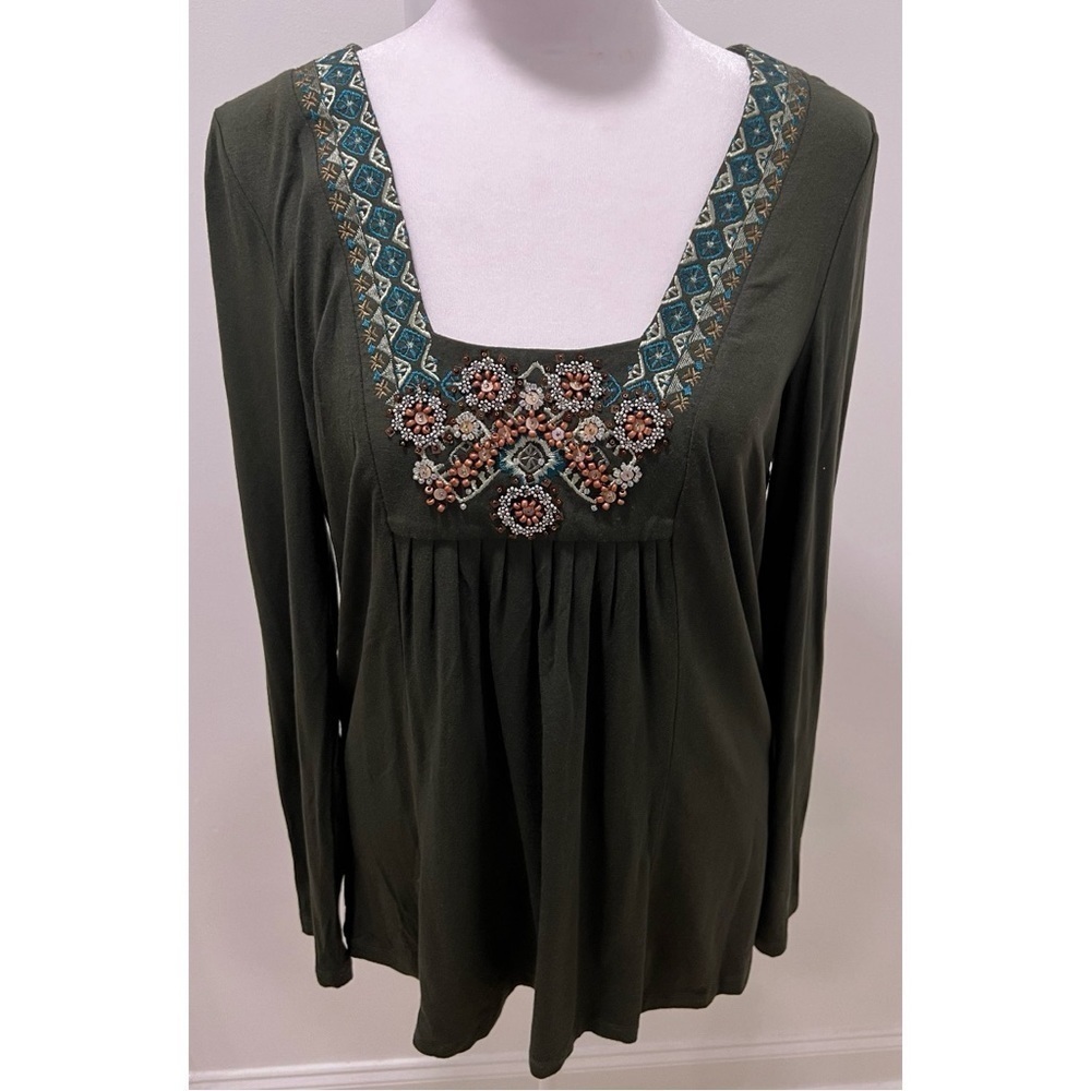 LOFT Olive Green Beaded Blouse
